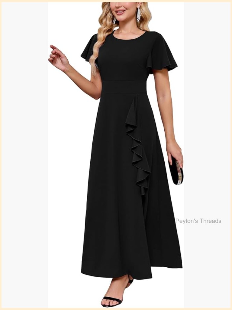 Women's Modest Formal Maxi Dress With Side Slit, Ruffle Short Sleeve, A-Line,